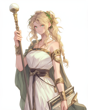 Eireala, with Her staff, magic stone, and book